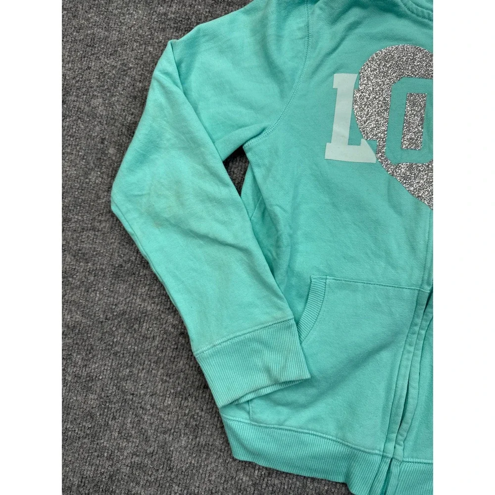 The Children's Place Girls XL 14 Teal Blue LOVE Glitter Zip Up Hoodie Sweatshirt
